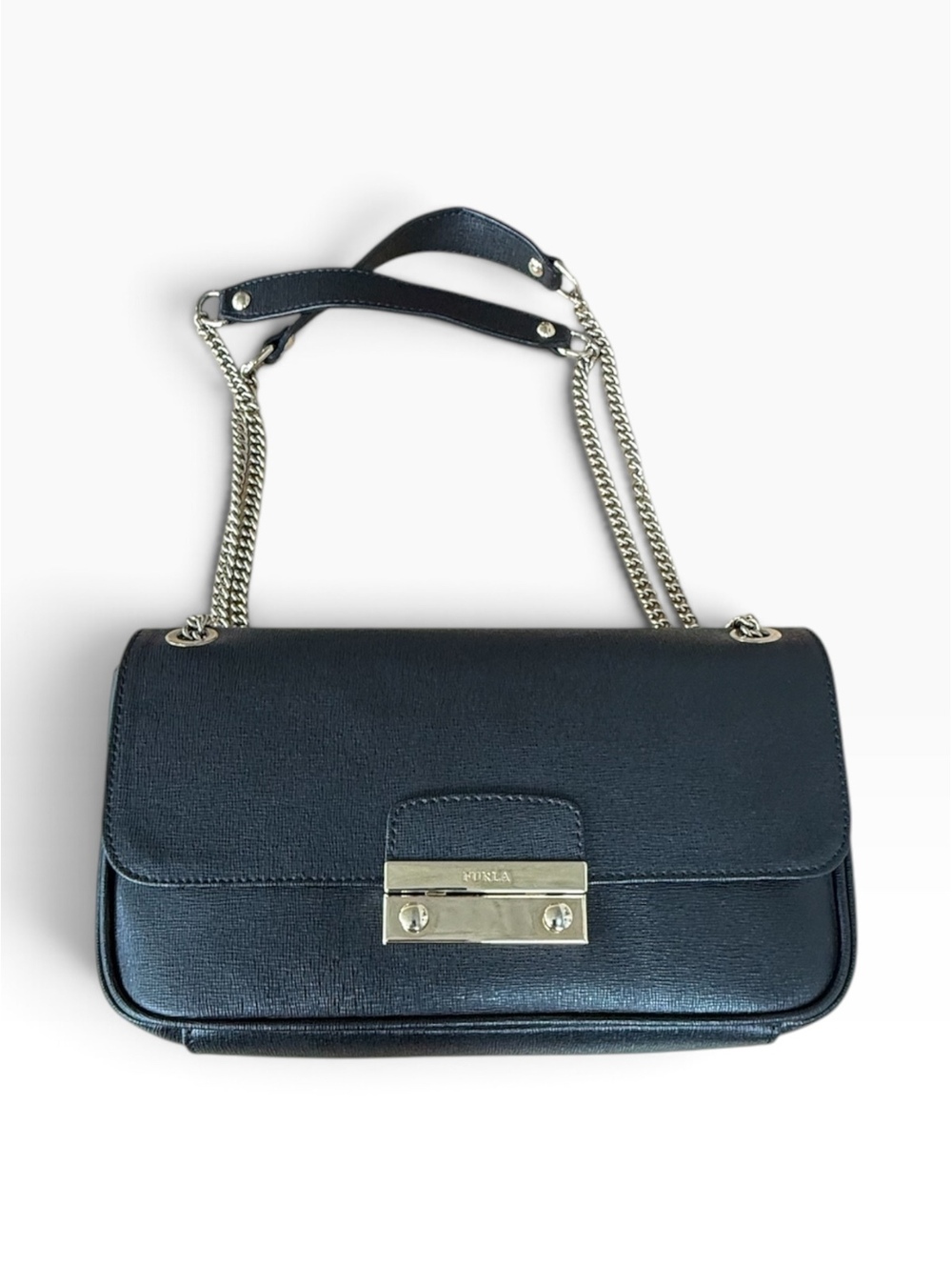 FURLA Metropolis East-West Black Saffiano Leather Chain Shoulder Bag Baguette